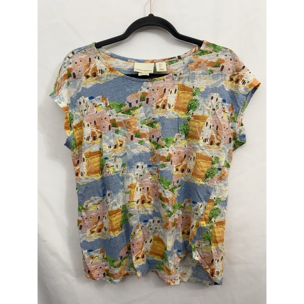 Cynthia‎ Rowley 100% Linen Greek Island Painting Tee Multicolor Womens Size L